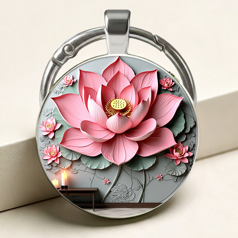 Chinese Style Round Keychain with Lotus Design